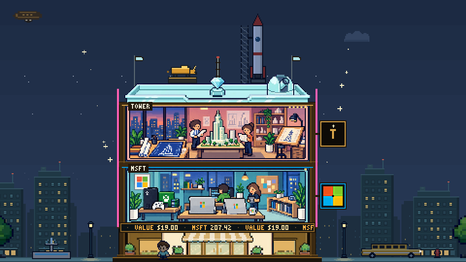 A tower with a rocket and a golden bull on its roof and pink neon trim