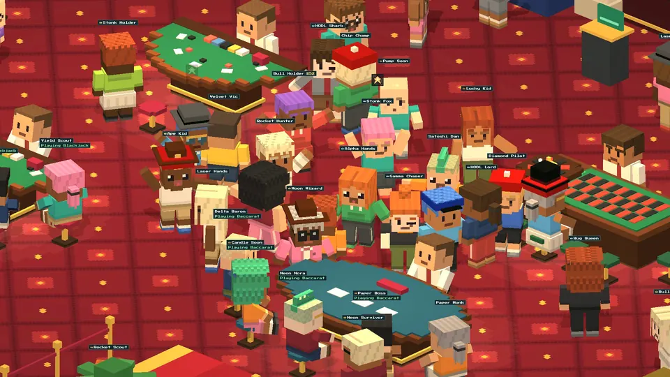 Avatars with name tags crowding round the blackjack, roulette and baccarat tables on the casino's red carpet