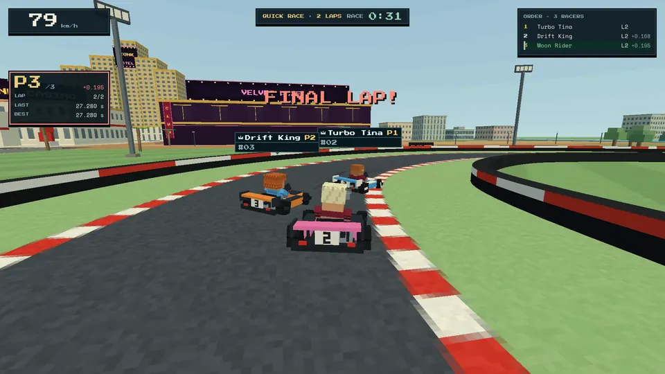 Go-karts on the final lap of a quick race
